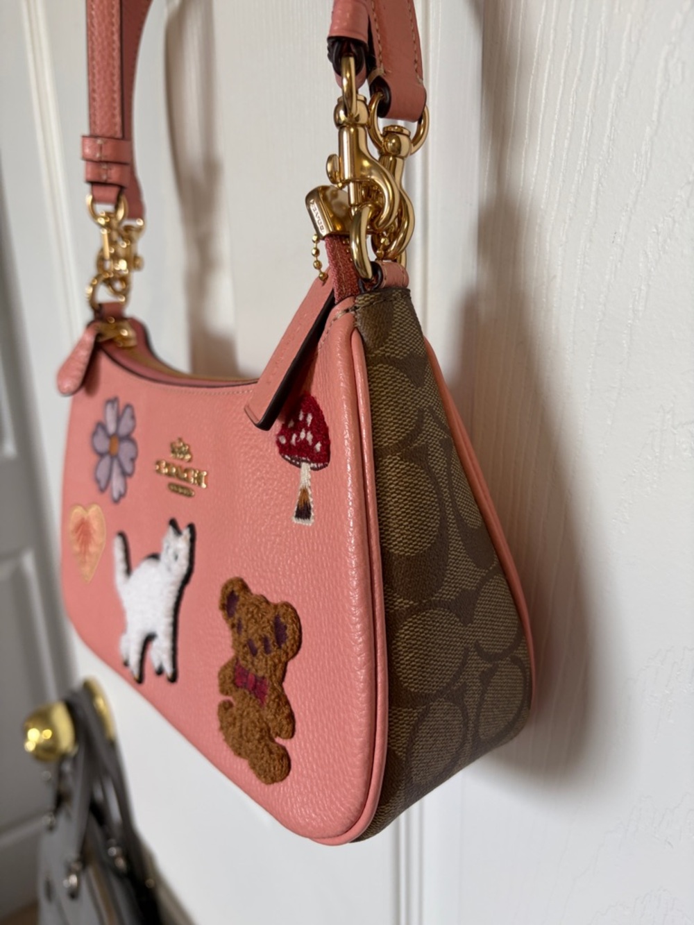 Coach Pink Leather Crossbody with Cat, Bear & Floral Appliques